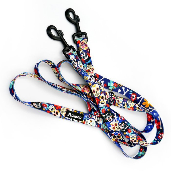 Dog Leash Día de los Muertos width 2.5 cm, 1" wide, snap hook black 8cm