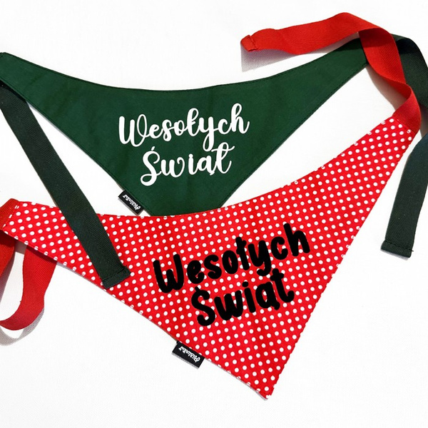 Red white polka dots Bandana with black lettering Wesołych Świąt Psiakrew