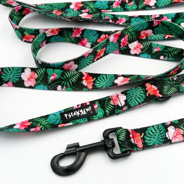 Dog Leash Tropical Monstera width 2.5 cm, 1" wide, black, big snap hook 8 cm