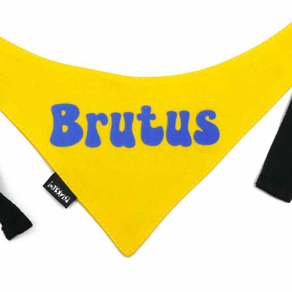 Bandana z imieniem Psa Psiakrew, personalizowana chusteczka żółta apaszka niebieski napis