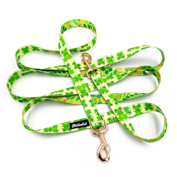 Dog Leash Green Frogs width 2.5 cm, 1" wide, pink gold, big snap hook 8 cm