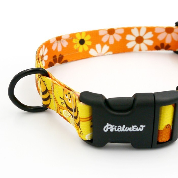 Dog Collar Busy Bees Psiakrew 2.5 cm 1" wide, black fittings