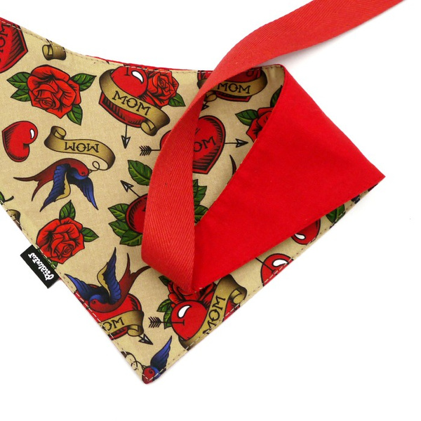 Dog Bandana Love Mom Tattoo handkerchief style to tie around your pet’s neck