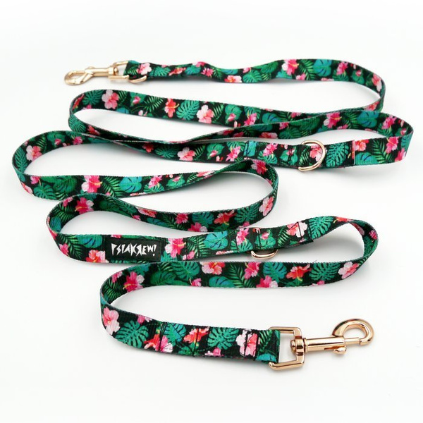 Leash for micro and small Dog; Tropical Monstera; adjustable; 2 cm wide, pink gold snap hook 6 cm