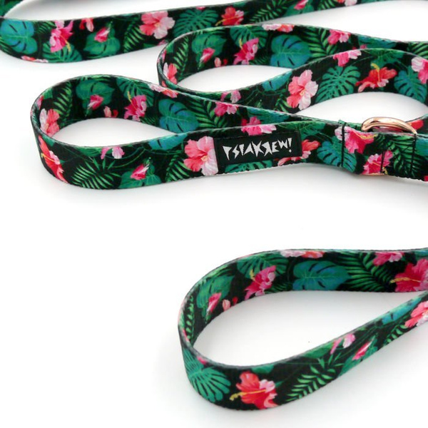 Dog Leash Tropical Monstera width 2.5 cm, 1" wide, big gold snap hook 8 cm