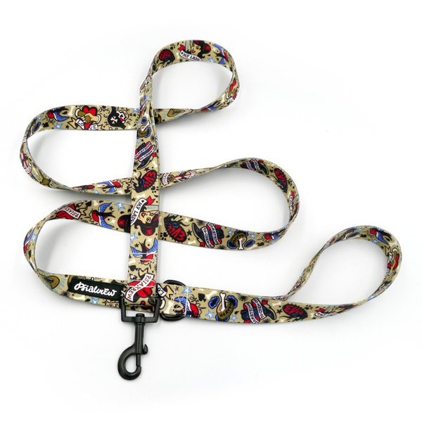 Hundeleine Dog Tattoo Flash Breite 2,5 cm, 1" breit, schwarzer Karabinerhaken 6 cm