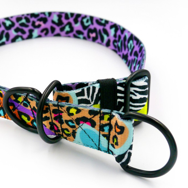 Half-choke collar Crazy Leopard, 3 cm wide, medium and big dogs, black extras