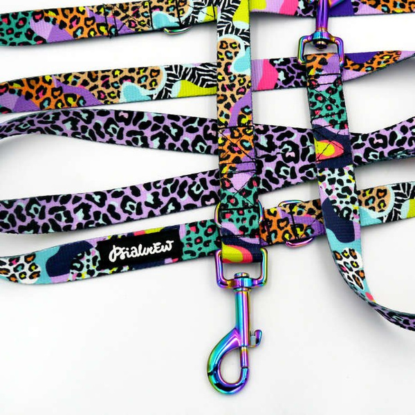 Smycz Dla Psa Przepinana Crazy Leopard 2 cm, karabińczyk 7 cm, Holo opalizujący petrol effect