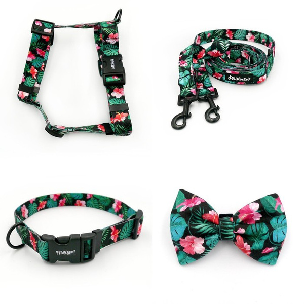 ACCESSORY KIT. Medium dog. Tropical Monstera Psiakrew Series; Collar, Harness, Leash, Bow Tie