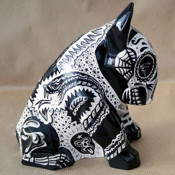 Skulptur Mexikanischer Bullterrier Tattoo, Tag der Toten, Dia De Los Muertos Skulptur Hundeskelett