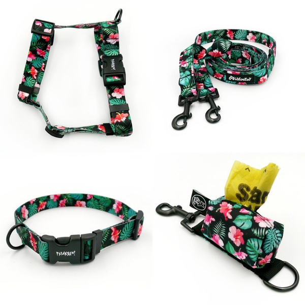 ZUBEHÖRSATZ. Mittlerer Hund. Tropical Monstera Psiakrew - Serie; Halsband, Geschirr, Leine, Etui für Kotbeutel