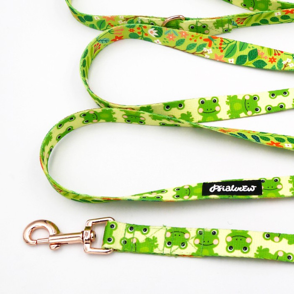 Long Dog Leash Green Frogs Psiakrew width 2 cm (0.78") wide, rose gold snap hook 6 cm