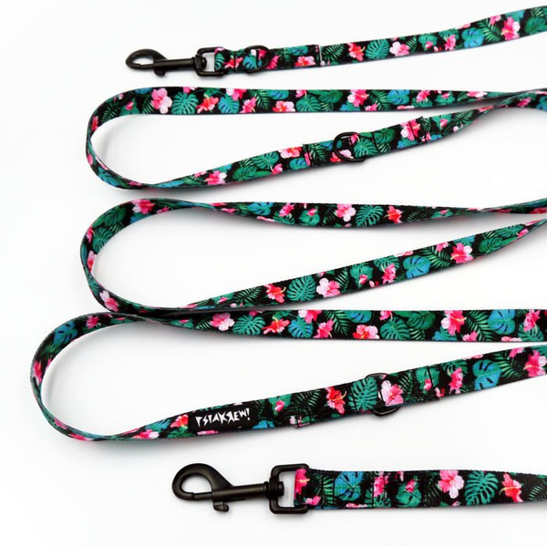 Dog Leash Tropical Monstera width 2.cm, (0.78") wide, black snap hook 7 cm