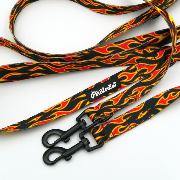 Smycz dla psa długa przepinana Dog on Fire Psiakrew taśma 2 cm, czarny karabińczyk 6 cm