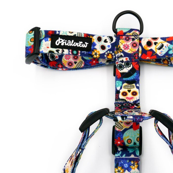 Szelki Guard Día de los Muertos dla średnich i większych psów, taśma 2,5 cm, czarne okucia