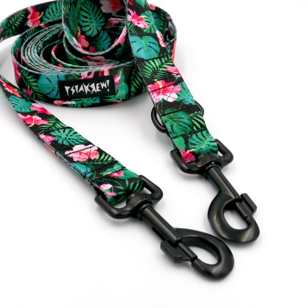 Dog Leash Tropical Monstera width 2.5 cm, 1" wide, black, big snap hook 8 cm