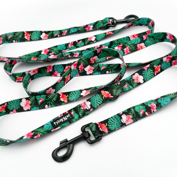 Dog Leash Tropical Monstera width 2.5 cm, 1" wide, black, big snap hook 8 cm