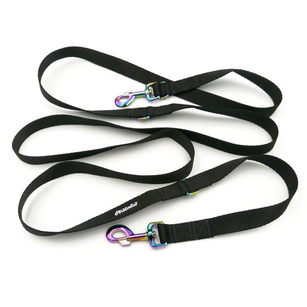Lange Schwarze Hundeleine, wendbar, 2,5 cm, Holo-Beschläge, 8 cm, Psiakrew