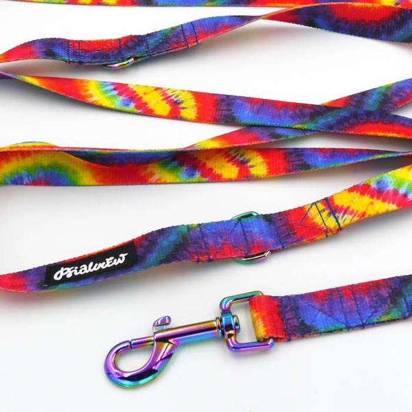 Long Dog Leash Tie Dye width 2 cm (0.78") wide, Holo petrol effect snap hook 7 cm