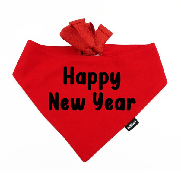 Rotes Bandana mit schwarze Aufschrift „Happy New Year“ Psiakrew