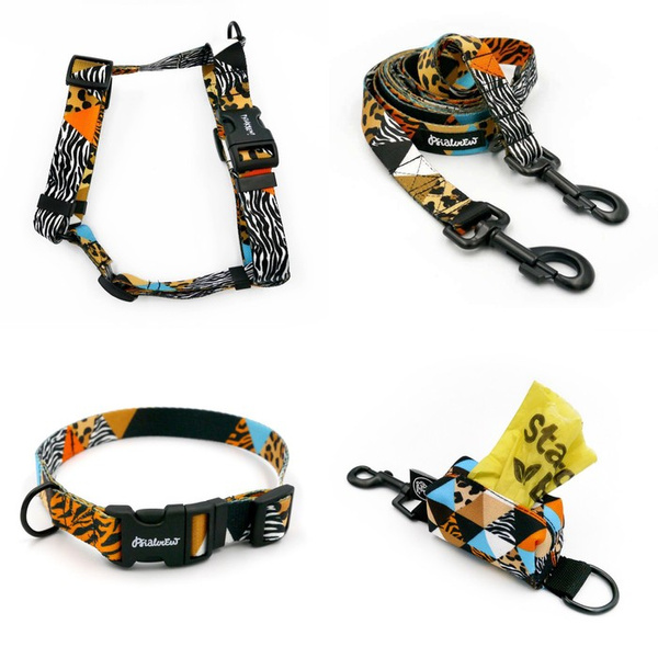 ZUBEHÖRSATZ. Großer Hund. Wild Animals Psiakrew-Serie; Halsband, Geschirr, Leine, Etui für Kotbeutel