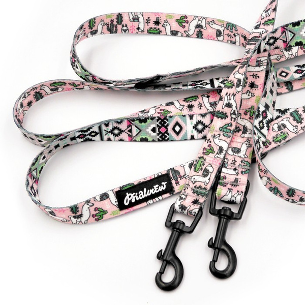 Long Dog Leash Llama Pink, width 2 cm (0.78") wide, black snap hook 6 cm