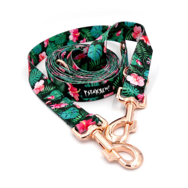 Dog Leash Tropical Monstera width 2.5 cm, 1"  wide, pink gold, big snap hook 8 cm