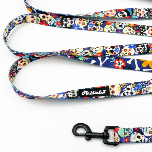 Long Dog Leash Día de los Muertos Psiakrew width 2 cm (0.78"), black snap hook 6 cm