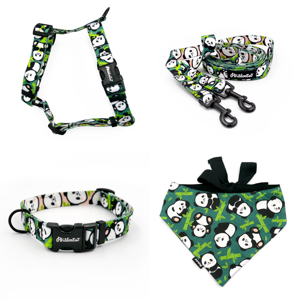 ACCESSORY SET. Small dog. Bamboo Panda by Psiakrew Series; Collar, Harness, Leash, Bandana