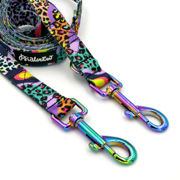 Long Dog Leash Crazy Leopard width 2 cm (0.78")  wide, Holo  petrol effect snap hook 7 cm