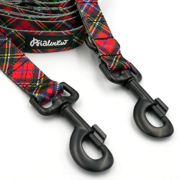 Długa smycz dla psa przepinana w szkocką kratę Tartan Psiakrew, 2,5 cm karabińczyk 8 cm czarny