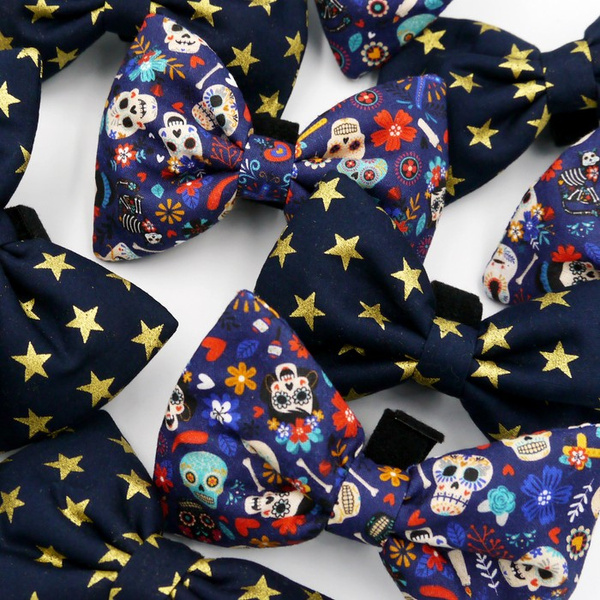 Dark Blue Dog Bow Tie, gift for dog, Gold Stars Pet Bow Tie, Bowtie, Collar Attachment