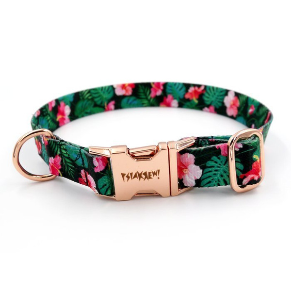 Dog Collar Psiakrew Tropical Monstera 2.5 cm, 1"  wide, pink gold clip