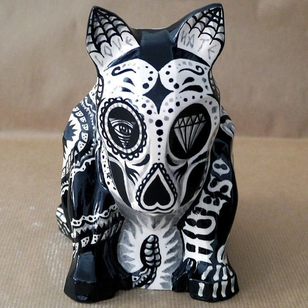 Sculpture Mexican Bull Terrier Tattoo, Day of the Dead, Dia De Los Muertos sculpture Dog skeleton