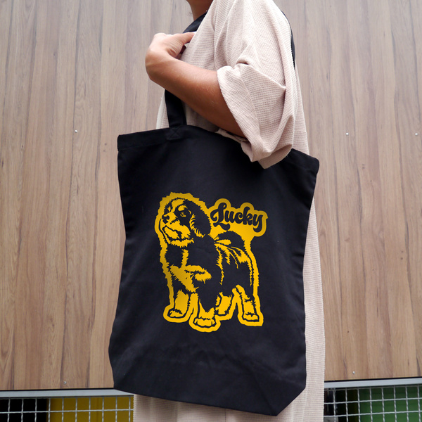 Personalisierte ECO-Baumwolltasche – Bernhardiner in Schwarze mit Namen – Psiakrew Tragetasche Gelb