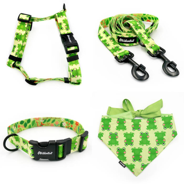 ACCESSORY KIT. Big dog. Psiakrew Green Frogs Series; Collar, Harness, Leash, Bandana