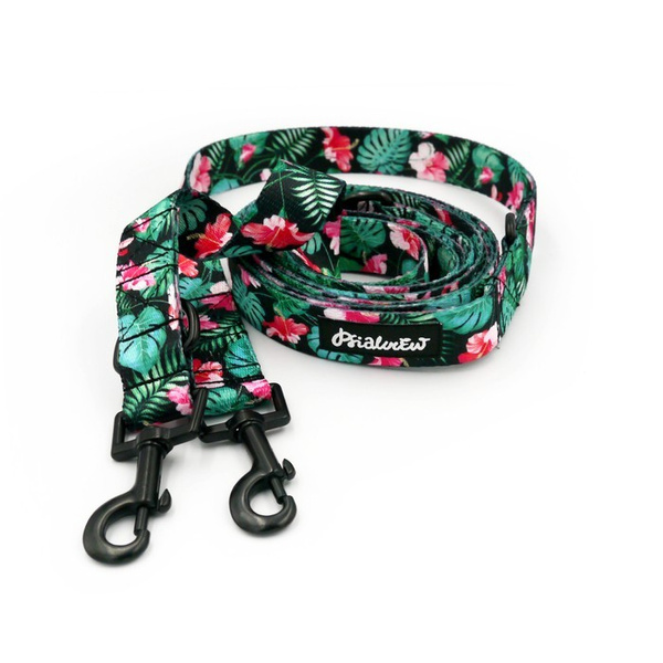 Dog Leash Tropical Monstera width 2.5 cm, 1"  wide, snap hook black 6cm