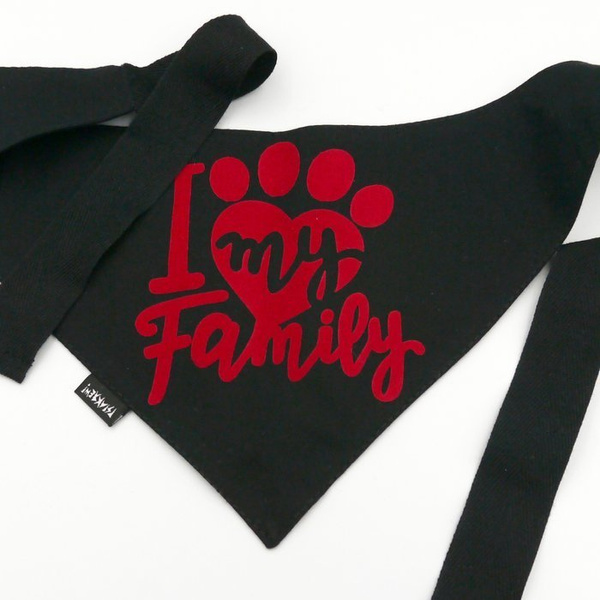 Bandanka dla psa, wiązana chusteczka, czarna bandana apaszka I love my Family Black
