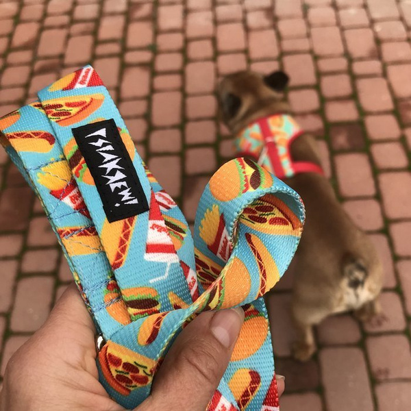 Long Dog Leash Doggy Foodie width 2 cm (0.78") wide, black snap hook 7 cm