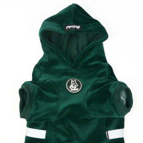 Bluza dla Psa Psiakrew z kapturem zielony butelkowy, welurowa, odblaskowy element