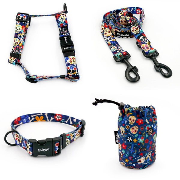 ZUBEHÖRSATZ. Großer Hund. Día de los Muertos Psiakrew - Serie; Halsband, Geschirr, Leine, Sachet für Hundeleckerli