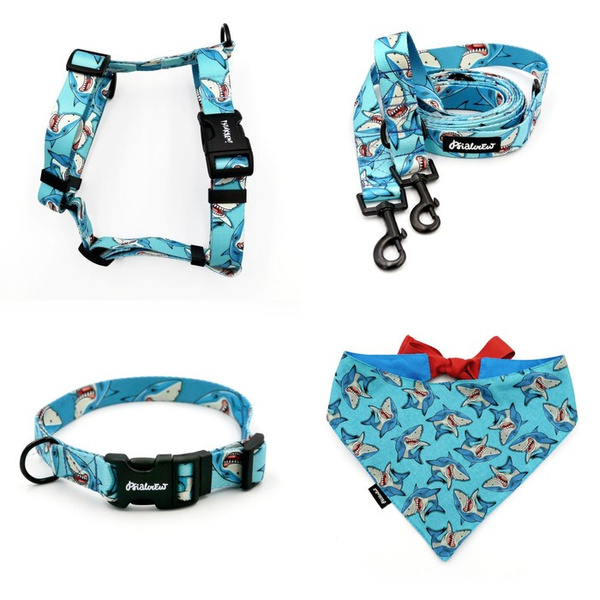 ZUBEHÖRSATZ. Mittlerer Hund. Psiakrew Shark-Serie; Halsband, Geschirr, Leine, Bandana