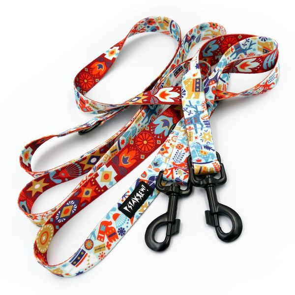 Dog Leash Winter Folk width 2.5 cm, 1" wide, big black snap hook 8 cm