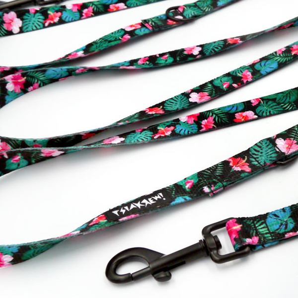 Dog Leash Tropical Monstera width 2.cm, (0.78") wide, black snap hook 7 cm