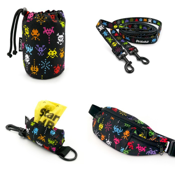 ACCESSORY KIT for a small Dog. Invaders Psiakrew Series; Sachet for dog treats, leash, Pouch for poop bags, Hip Bag