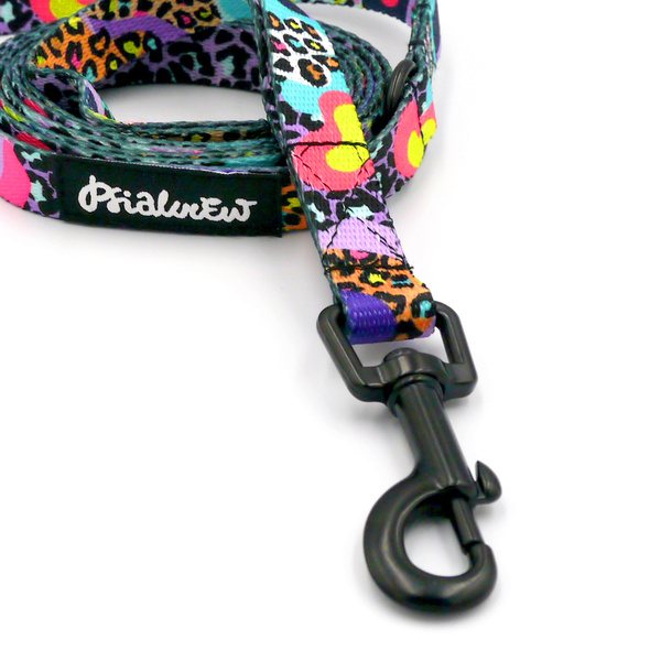 Smycz spacerowa miejska dla małego Psa Crazy Leopard Psiakrew szerokość 1,5 cm czarny karabińczyk 6 cm