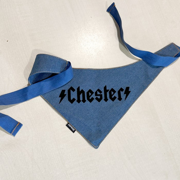 Denim Bandana with the name of the Dog Psiakrew, personalized tied handkerchief, hard rock style