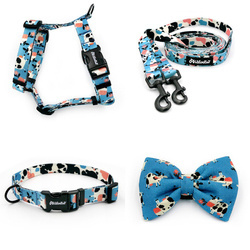 ZUBEHÖRSATZ für einen kleinen Hund Spotted Cow Psiakrew -Serie; Halsband, Geschirr, Leine, Fliege