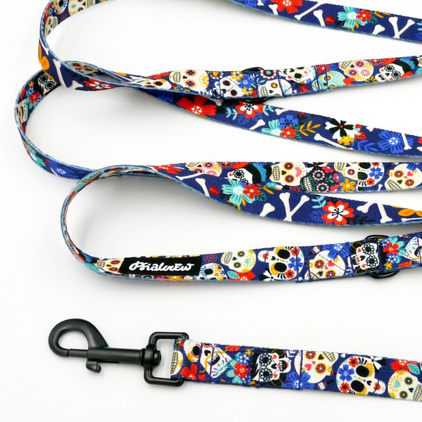 Hundeleine, lang, abnehmbar, verstellbar Día de los Muertos Psiakrew, Breite 2 cm, Karabiner schwarz 7 cm