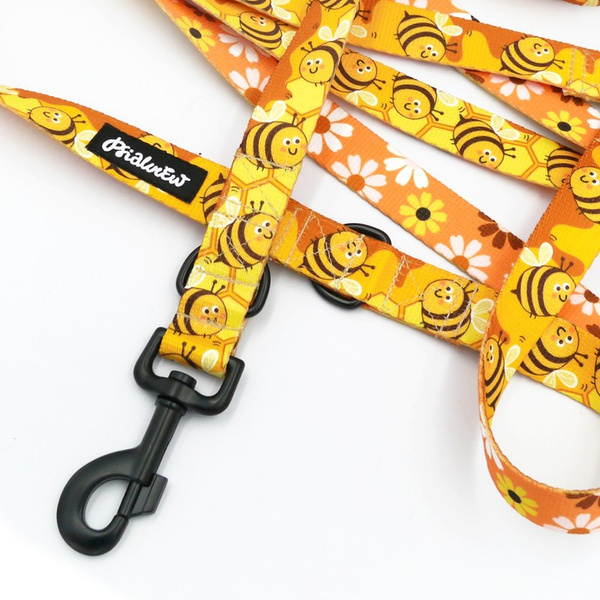Lange abnehmbare Hundeleine Fleißige Bienen Psiakrew, Band 2,5 cm, Karabiner 8 cm, schwarz